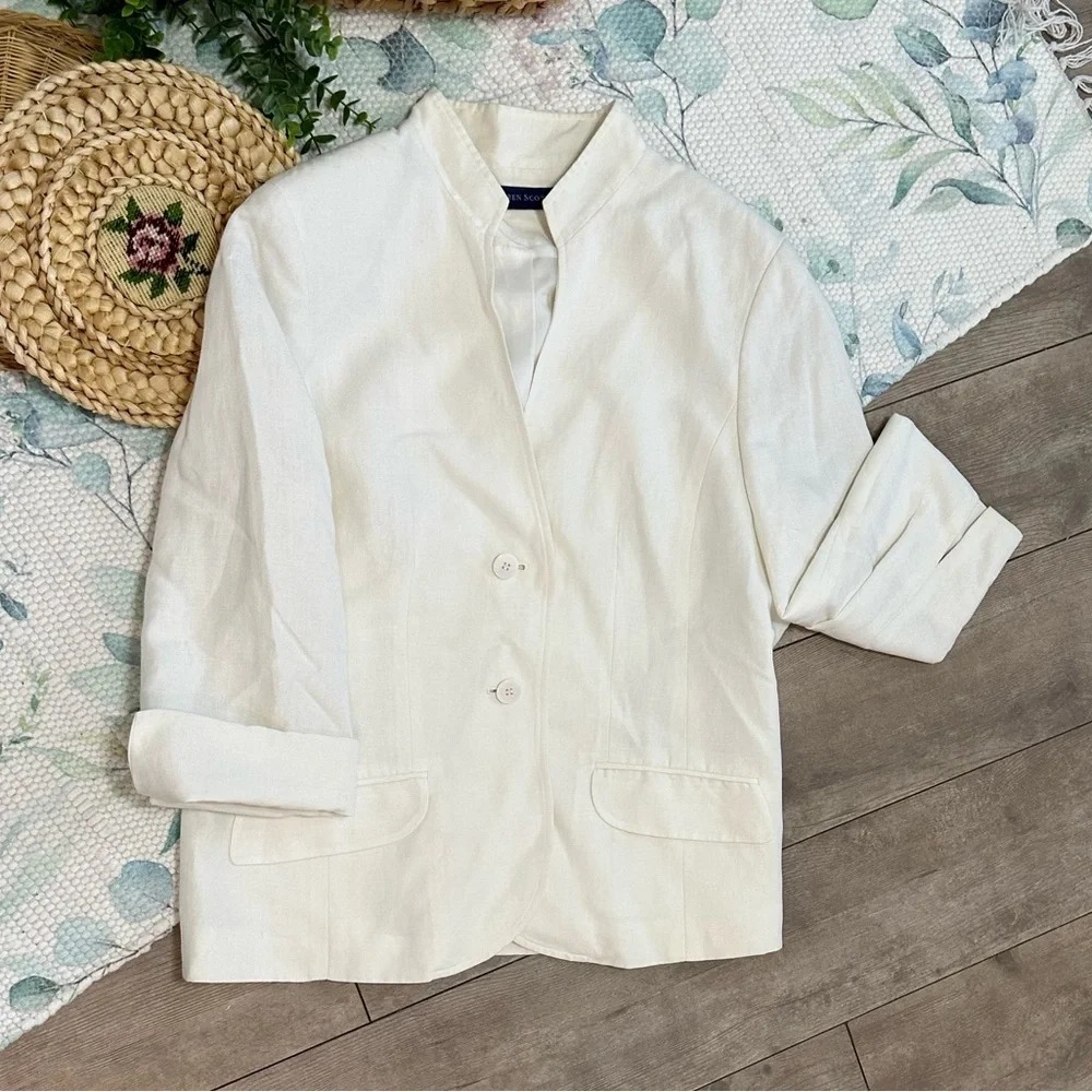 Karen Scott Women’s Cream Blazer Linen Rayon Shoulder Pads Minimalist Size 12